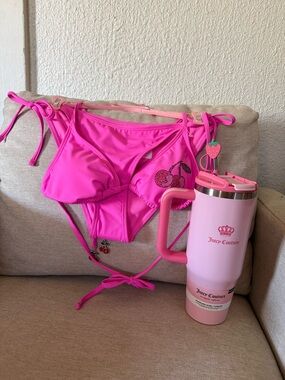 Beautiful Pink Juicy Couture Cherry Rhinestone Bikini Set W Tumbler Stainless 🍒